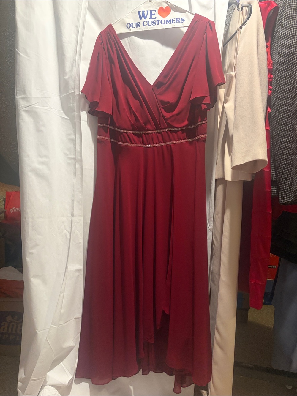 Red V-Neck Chiffon Evening Dress with Beaded Waist